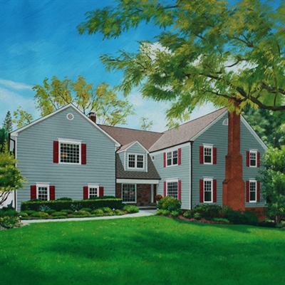 Hand Painted Custom Oil Portrait of A Residential 2-Stories House with Summer Landscape,by myDaVinci - myDaVinci